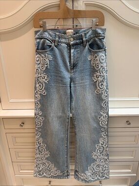 Alice + Olivia Light Blue Straight-Leg Jeans with White Embroidery